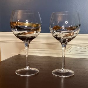 Pair of crystal, gold and black mosaic, balloon goblets from Romania